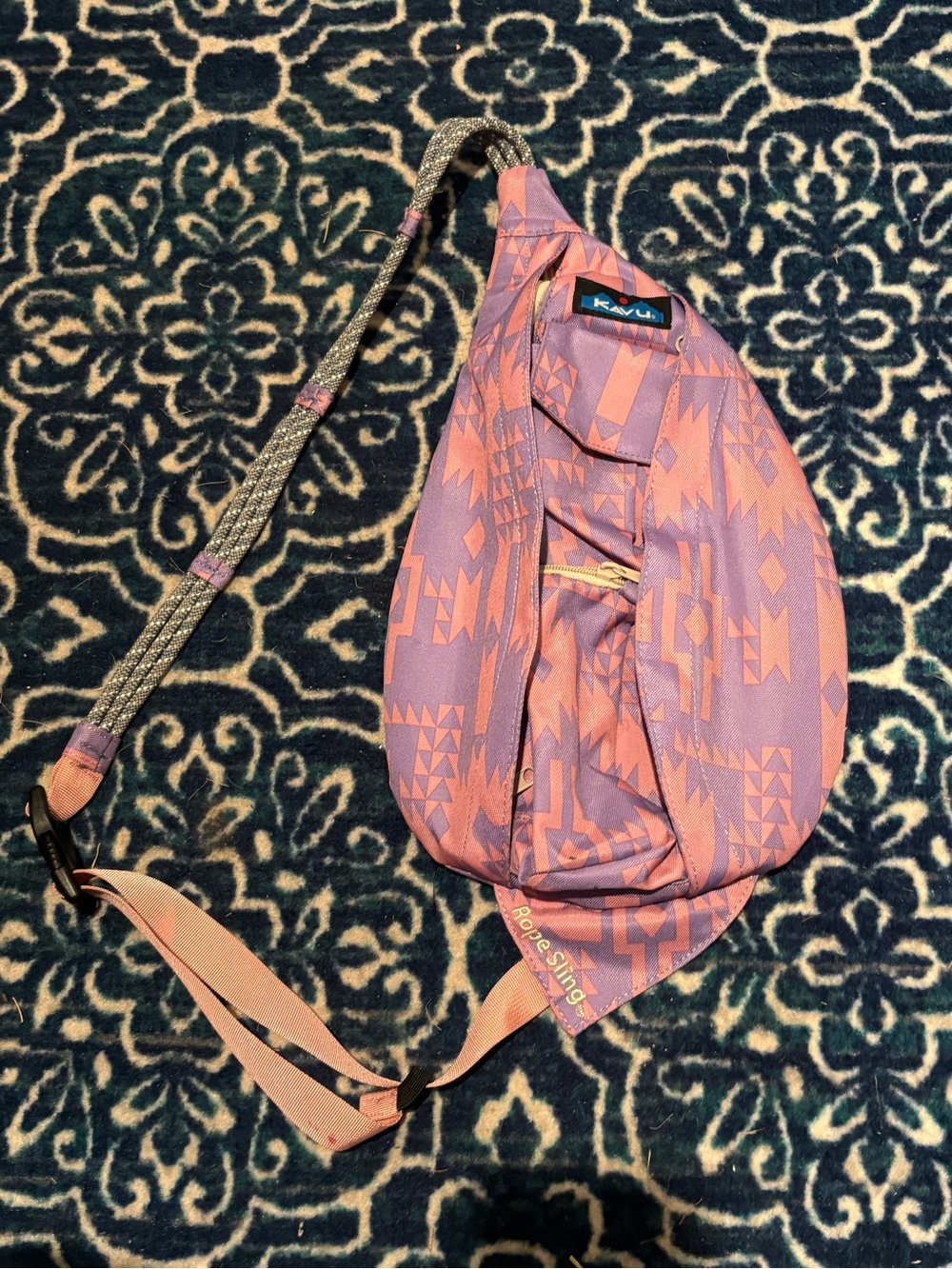 Kavu Rope Sling Bag in Purple & Pink Geometric Print